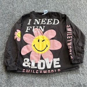 Zara Black Tee with Pink Flower and Yellow Smiley Graphic